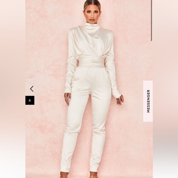 House of CB Gabrielle Ivory Draped Ruched Satin Jumpsuit - Picture 8 of 12